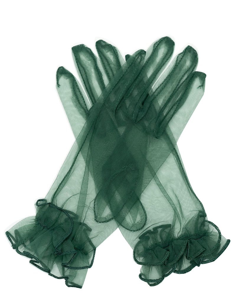 QRBTSCL Women's Short Mesh Gloves Ruffled Tulle Wedding Party Gloves Short Prom Evening Glove Dark Green - Image 1